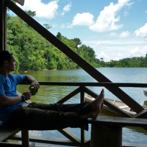 Relaxing by a lake in the Amazon