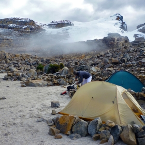 At La Playa basecamp on the shore of Laguna Grande