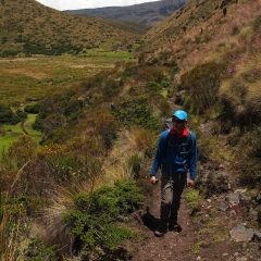 Hiking through the páramo with the Paramillo de Santa Rosa in the background