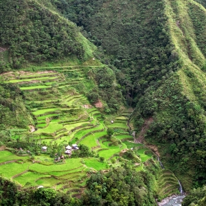 Remote village and rice terraces in the distance